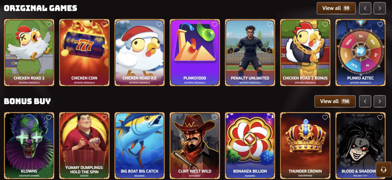 AFKSpin Spiele-Lobby mit den Kategorien Top Games und Trending Now