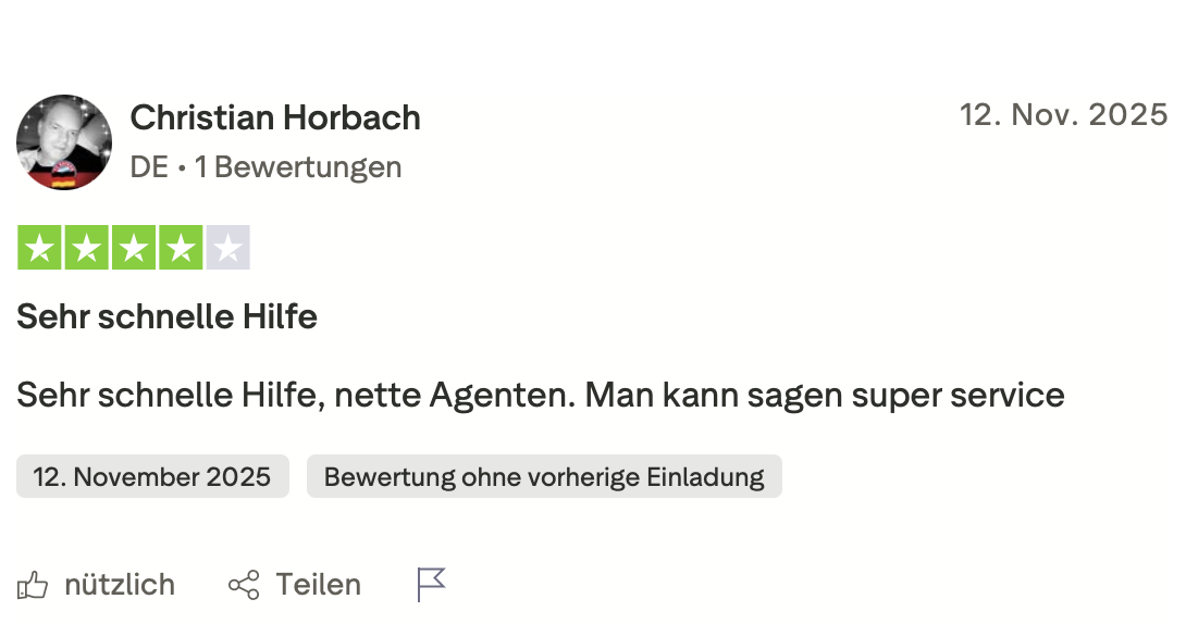 Trustpilot-Bewertung 4 Sterne von Christian Horbach über den Support von AFKSpin Casino