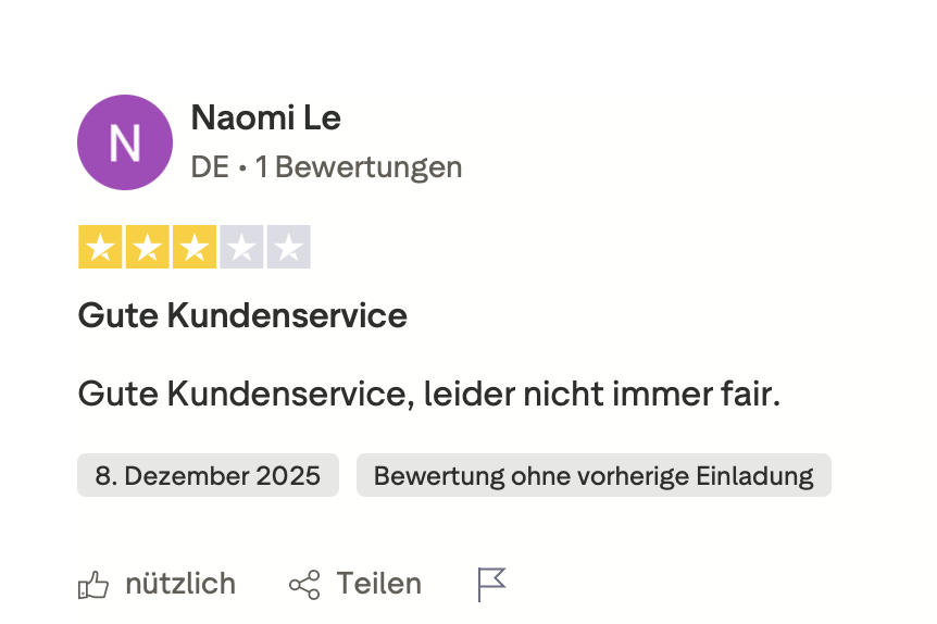 Trustpilot-Bewertung 3 Sterne von Naomi Le über den Kundenservice von AFKSpin Casino